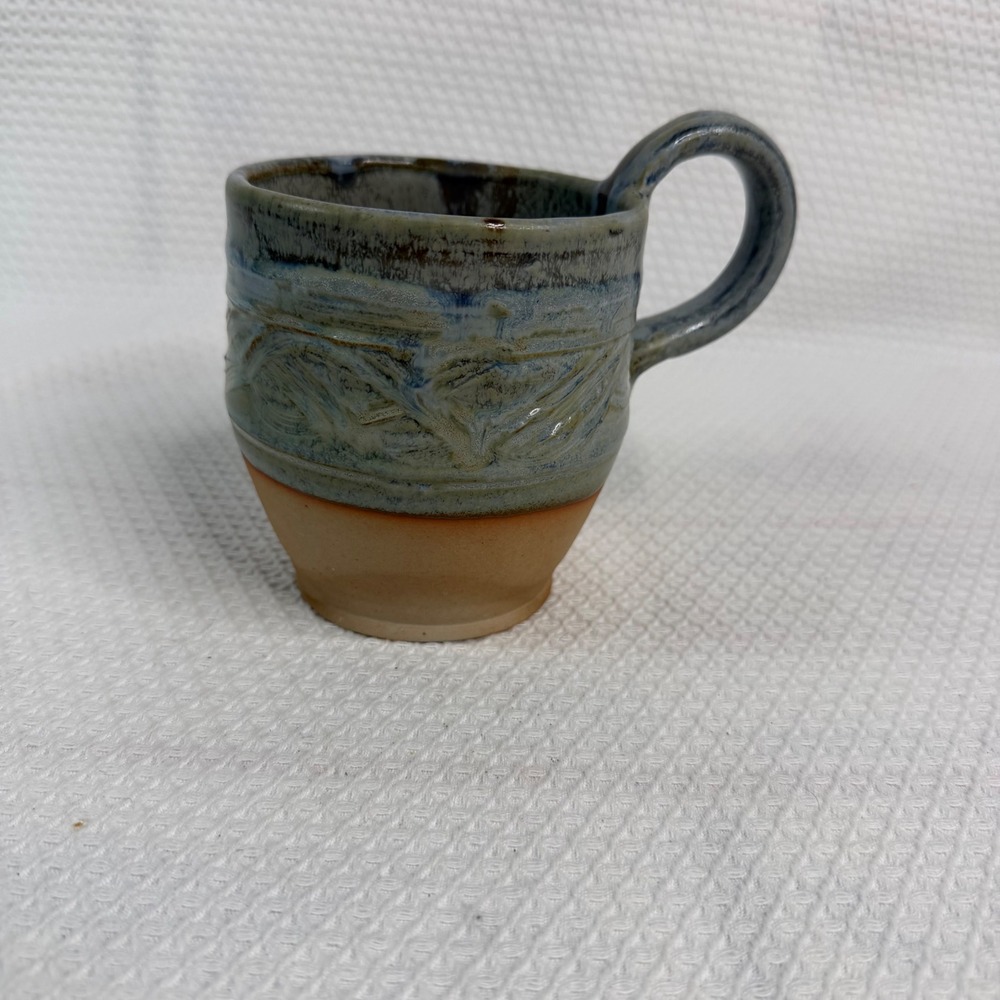 Handmade Studio Pottery Artisan Blue Grey Glazed Etched Ceramic Mug 4in